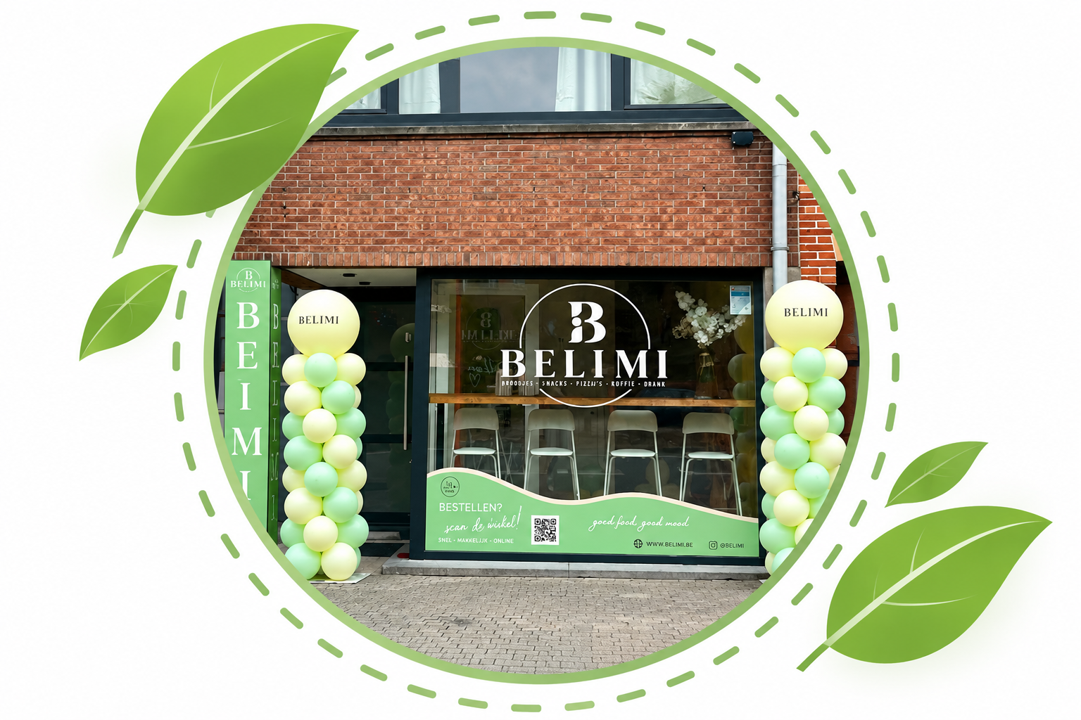 Voorgevel van Belimi in Sint-Niklaas met groene en gele ballonnen, het logo en een QR-code om te bestellen